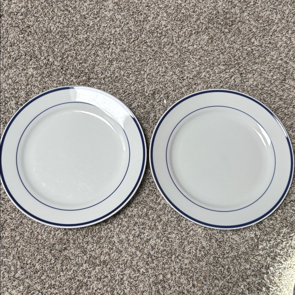 Oneida Maître d dinner plates. 2 plates white with blue circle trim